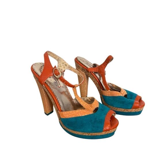 Poetic License London Orange Teal Peep Toe T-Strap Summer Fling Heels 8 - Picture 3 of 13